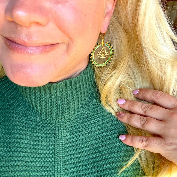 Boho Lotus Flower Green Hoop Beaded Earrings - Picture 7 of 8